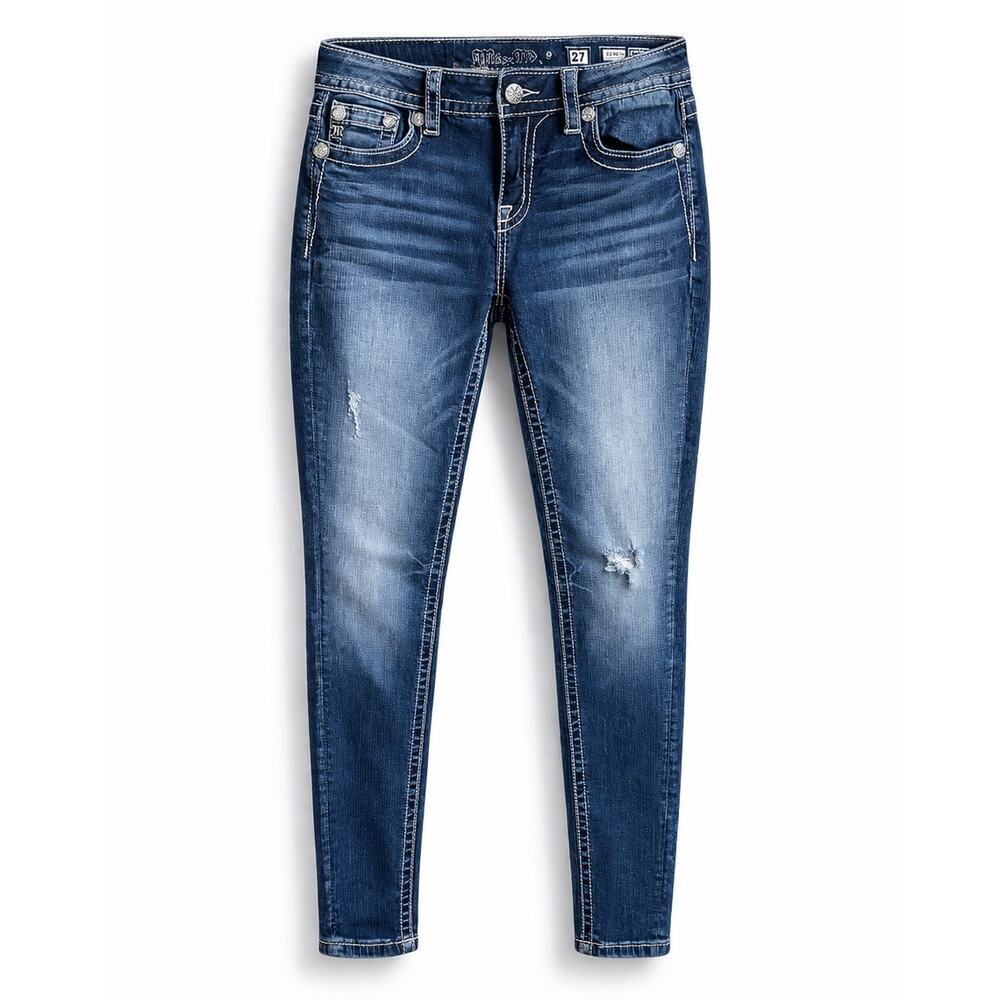 Miss Me Mid Rise Skinny Leg Bling Jeans Womens 27 Stretch Distressed Medium Wash